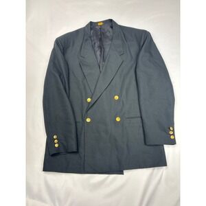 VTG TRW Double Breasted Blazer Mens 44 Black Good Gold Crest Buttons Peak Lapel